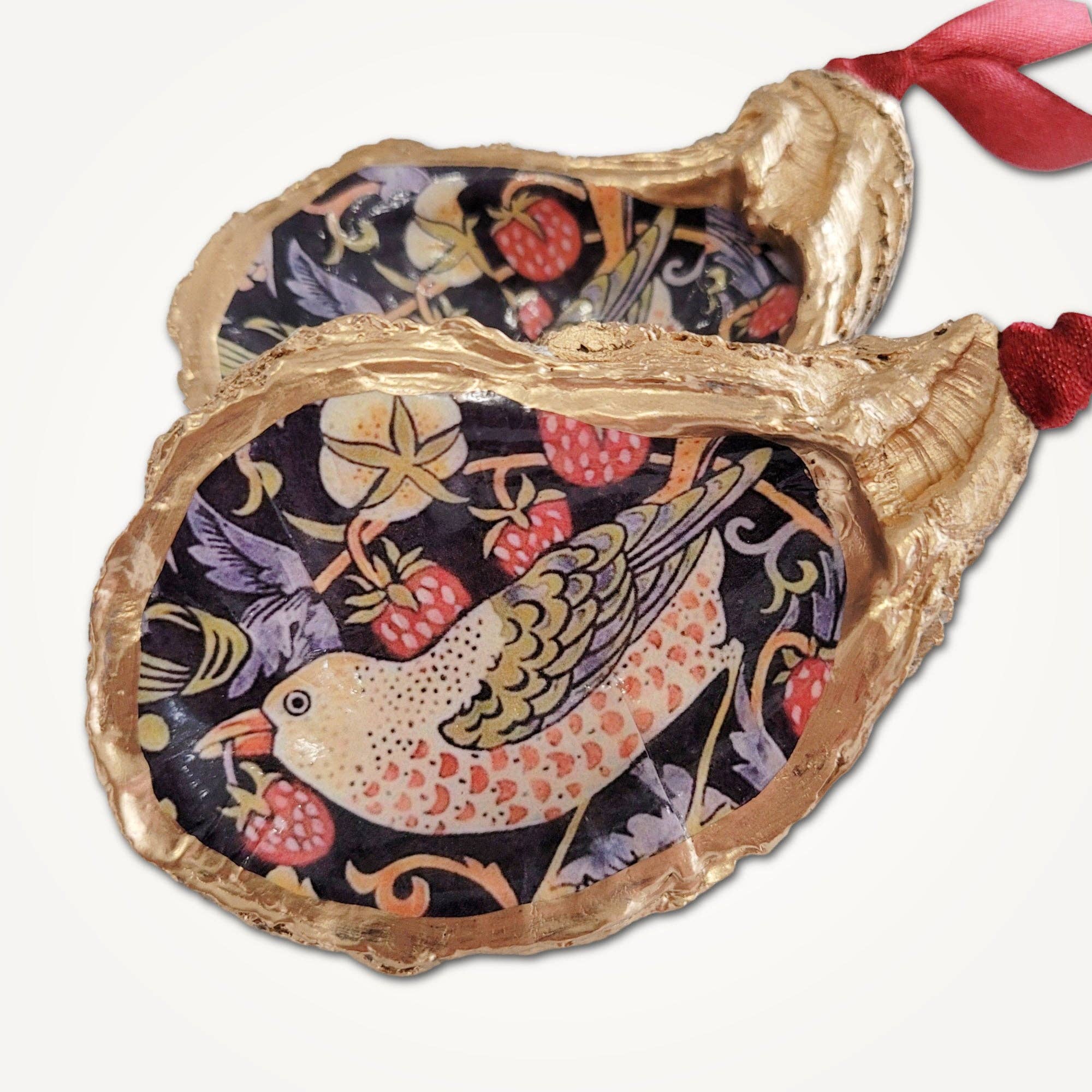 Beatrixbell Handcrafted - Wholesale Ornament - William Morris Strawberry Thief • Oyster Shell Ornament4