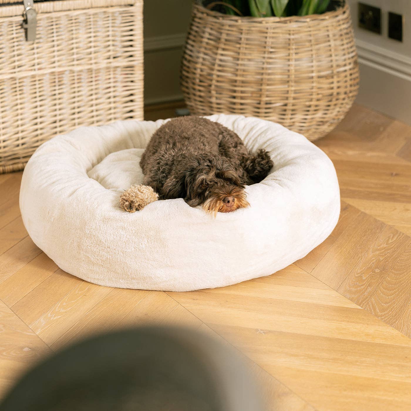 Calming Anti-Anxiety Donut Bed With Removable Covers in Cream Faux Fur by Lords & Labradors for wholesale on Faire0