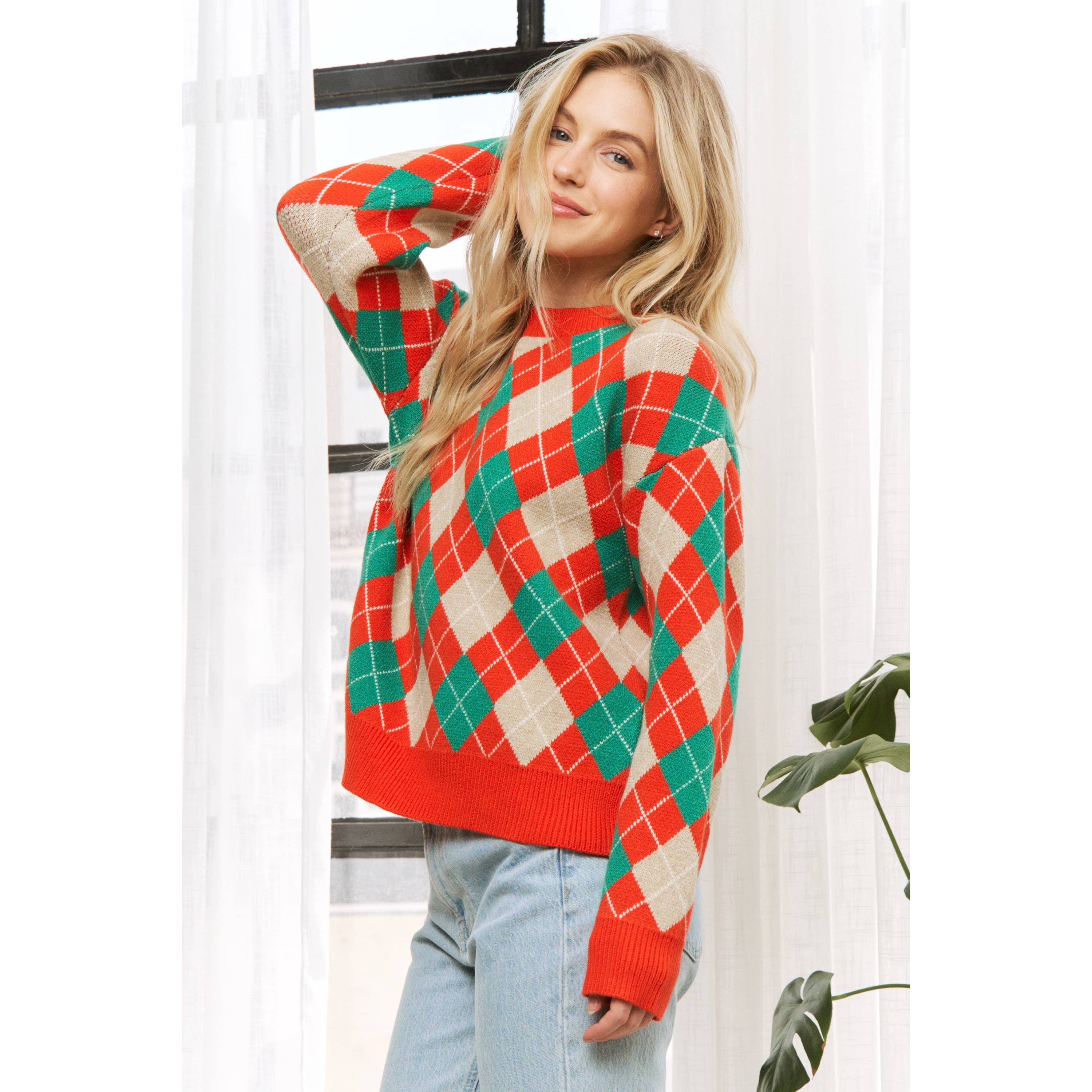 Sweet Generis - Wholesale Knit Sweater - Women's - HOLIDAY ARGYLE PATTERN DROP SHOULDER PULLOVER SWEATER3