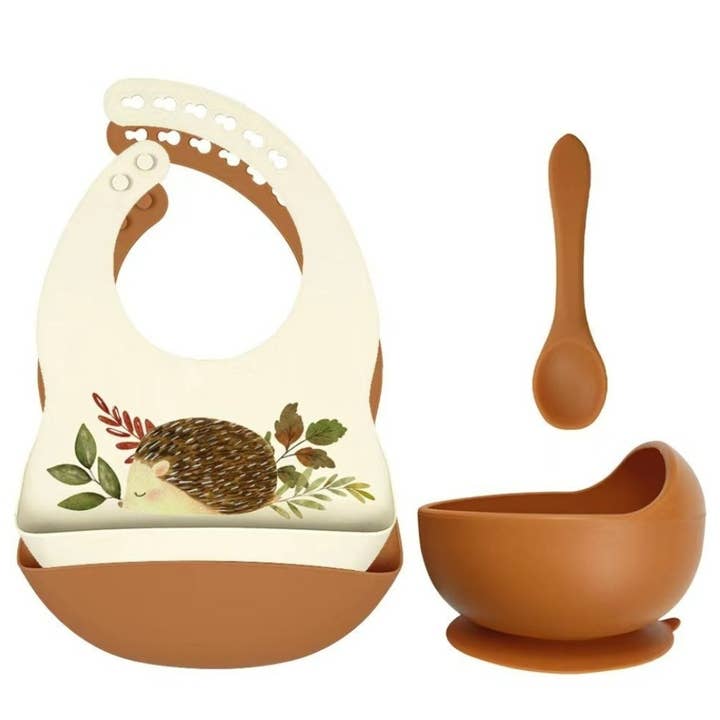Set of silicone bibs + bowl with suction cup and spoon - Hedgehog for wholesale by Rammelaartje