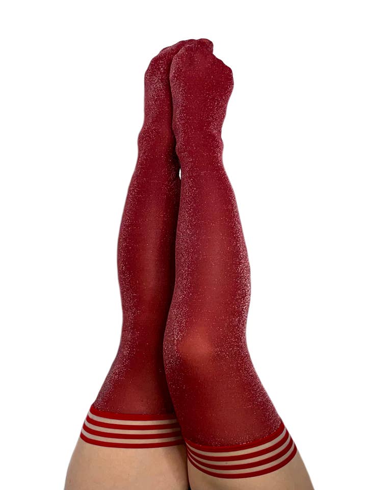 Kix'ies - Wholesale Stockings - Women's - Hosiery- Holly Red Opaque Sparkle Thigh-Highs Stockings