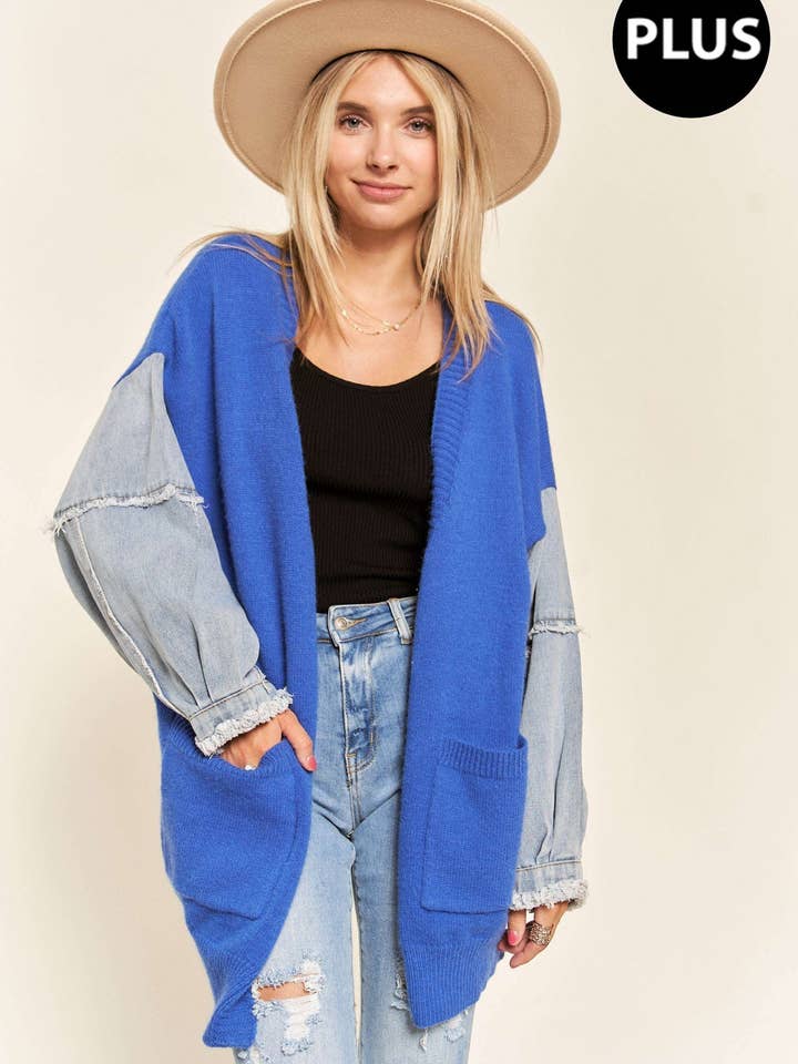 LESW3193X - PLUS FRAYED DENIM SLEEVE CARDIGAN for wholesale by Madelyn