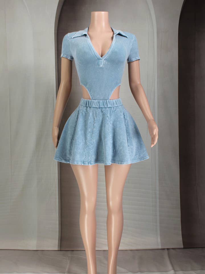 Dalia Studio - Wholesale Top & Skirt Set - Women's - MINERAL WASH COLLARED BODYSUIT & MINI SKIRT SET4