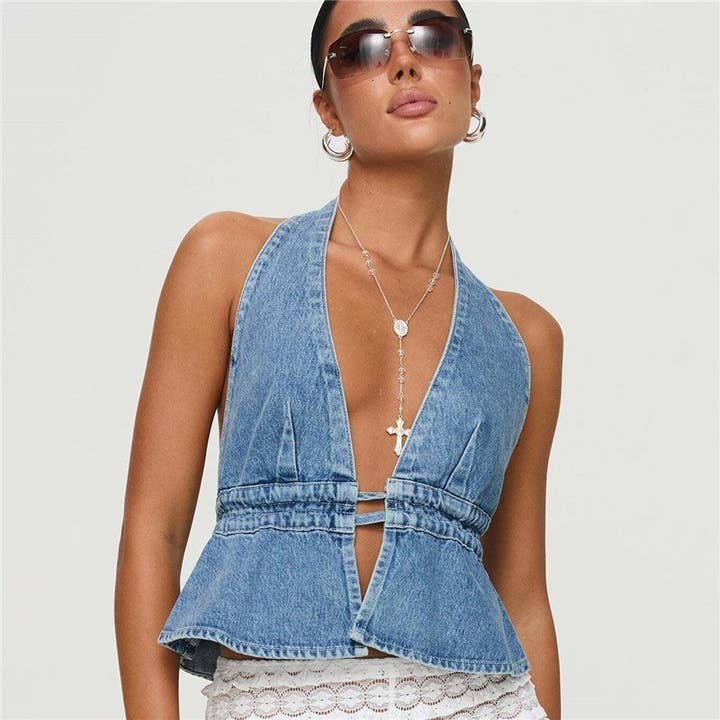 Plush Looks - Wholesale Blouse - Women's - Denim Sleeveless Backless Halter Tie Top