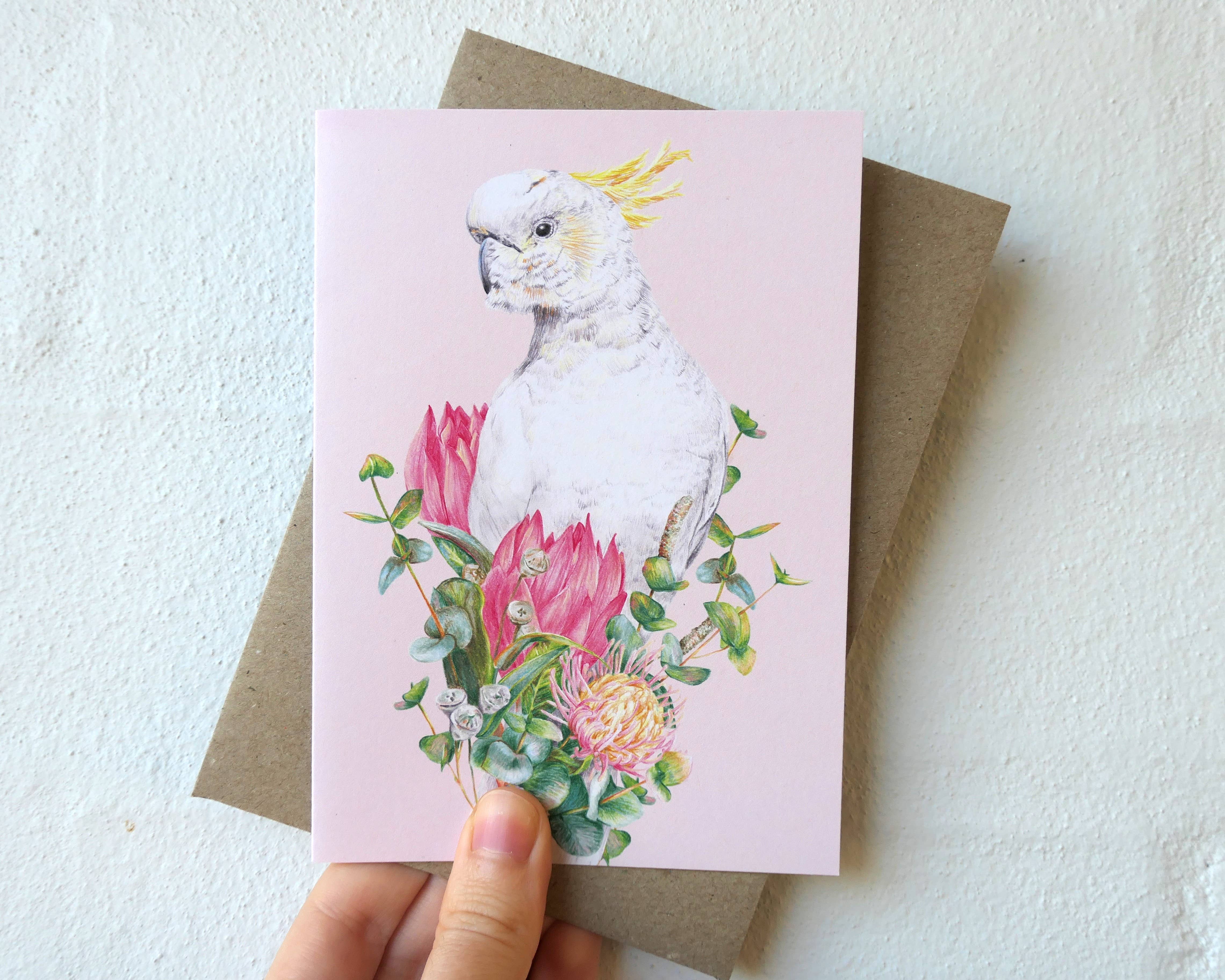 Kayla Reay Design - Vente Carte de vœux classique - Carte de vœux Cacatoès à huppe jaune - Art d'oiseau australien2