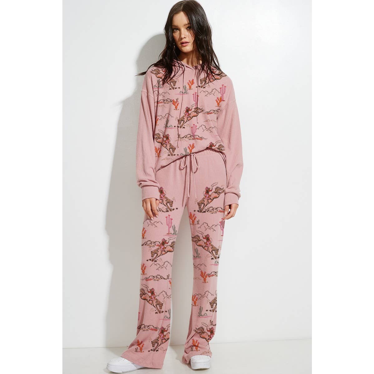 Phil Love - Wholesale Lounge Set - Women's - Desert Cowgirl Print Rib Hoodie Loungewear Set 1