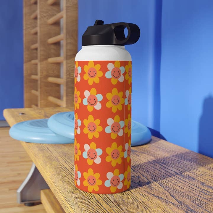 Blomma Smiley Face Groovy Retro rostfritt stål vattenflaska, standardlock för wholesale av LimenDime Market
