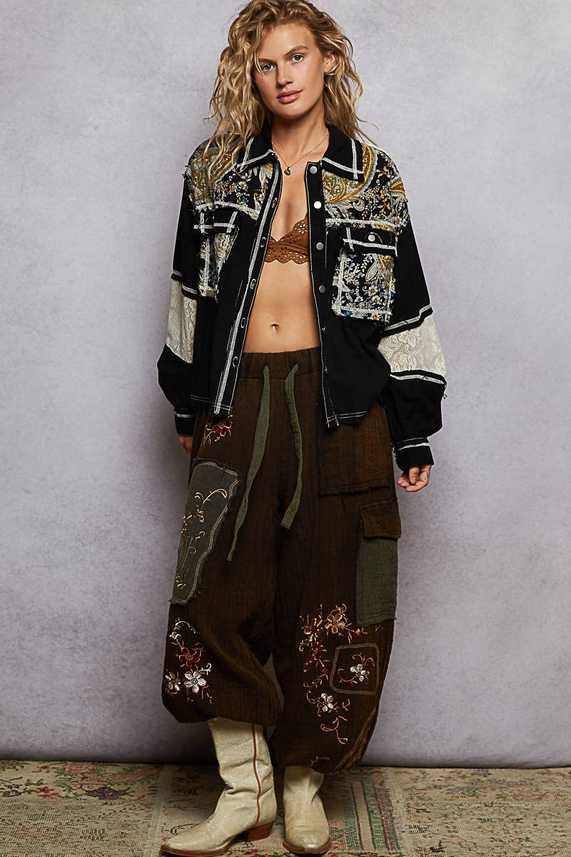 Pol Clothing - Wholesale Shirt Jacket/Shacket - Women's - Balloon sleeve printed woven mixed denim shacket SALE9