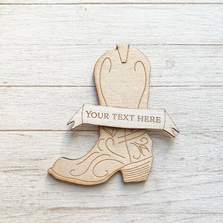Wooden Cowboy Boot Custom Engraved Hanging Magnet for wholesale by Gorgeous Little Bits Ltd