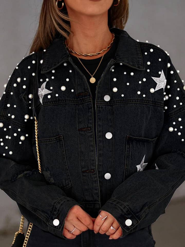 Rosa Clothing - Wholesale Jacket - Women's - Western Pearl stud boxy denim jacket1