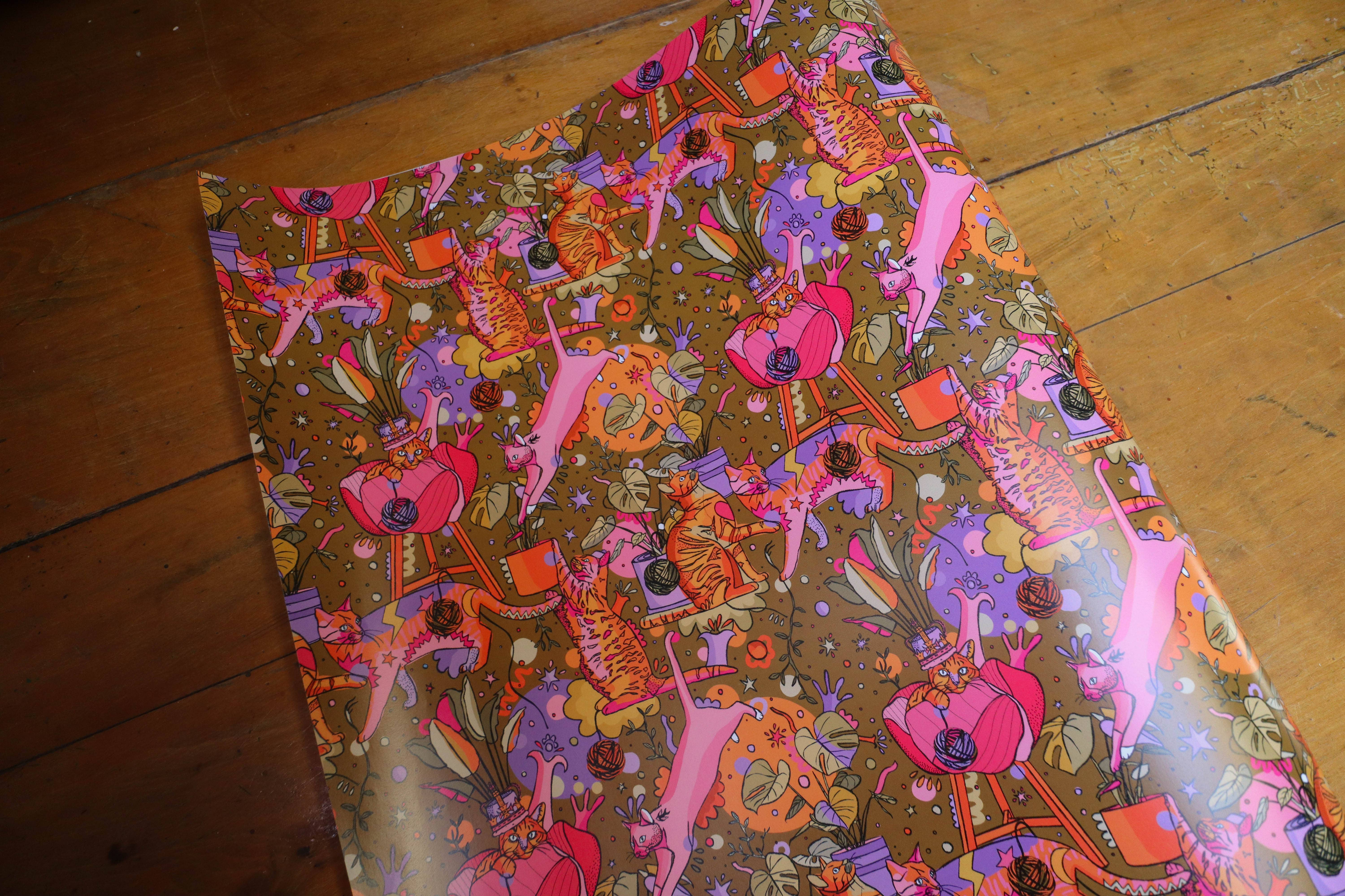 Freya Niamh - Wholesale Flat Wrap - Plants and Cats Wrapping Paper, Green Gift Wrap3