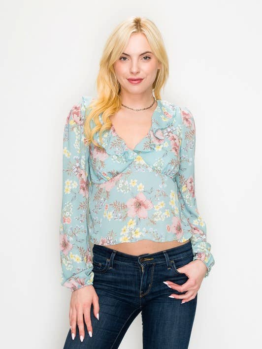 ET2432 Long Sleeve Floral Print V Neck woven Top for wholesale by Endless Blu