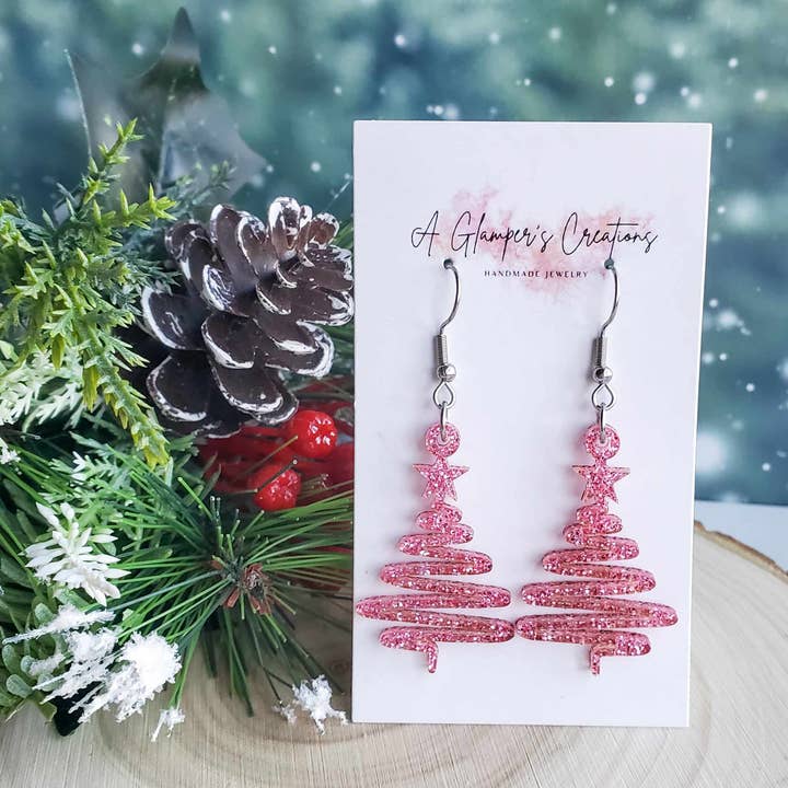 Boucles d'oreilles en acrylique avec ruban à paillettes roses pour la vente par A Glamper's Creations LLC