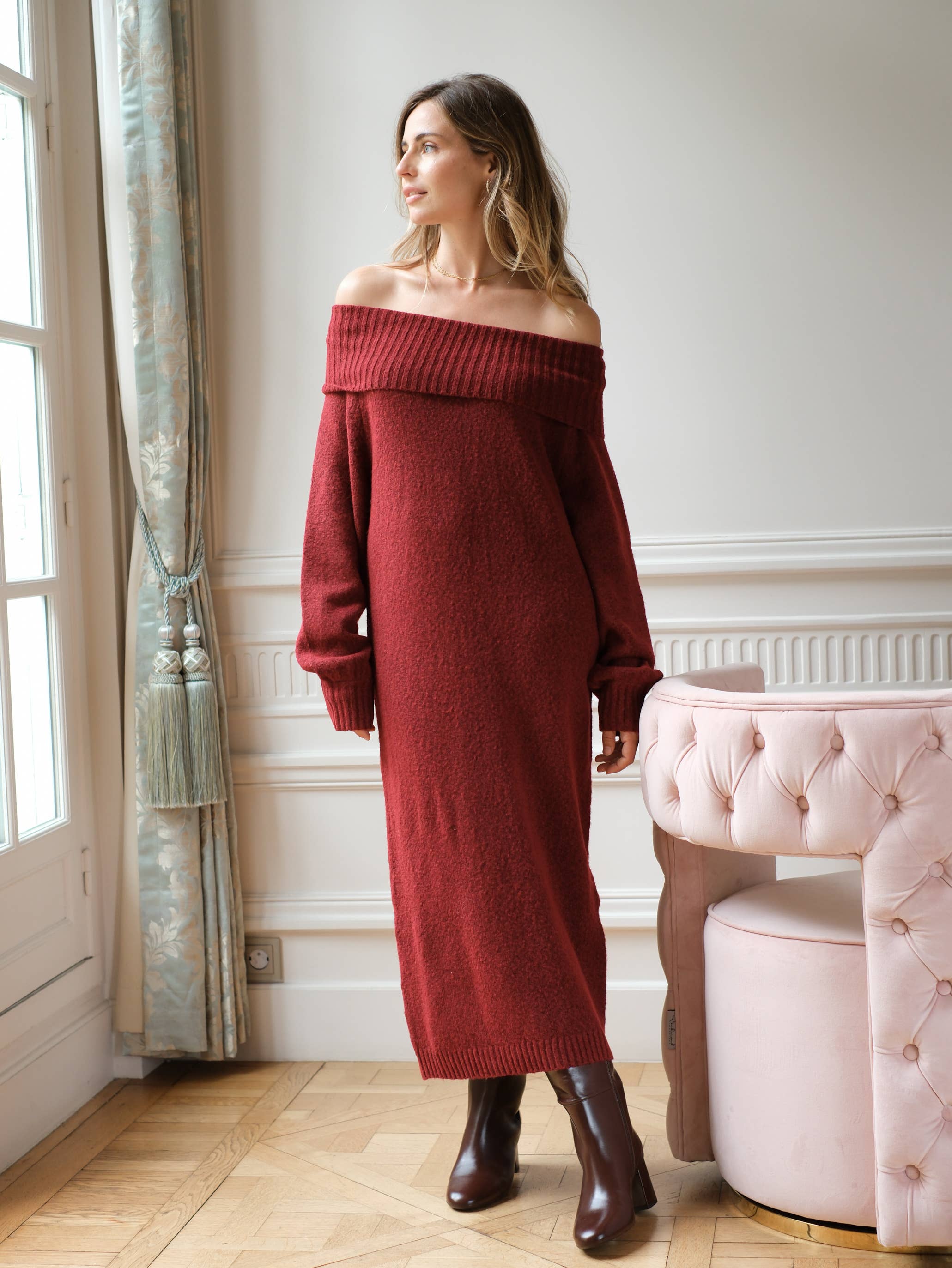 LOVIE & CO - Wholesale Dress - Women's - Long knit off-shoulder sweater dress - 245664-PETRA2