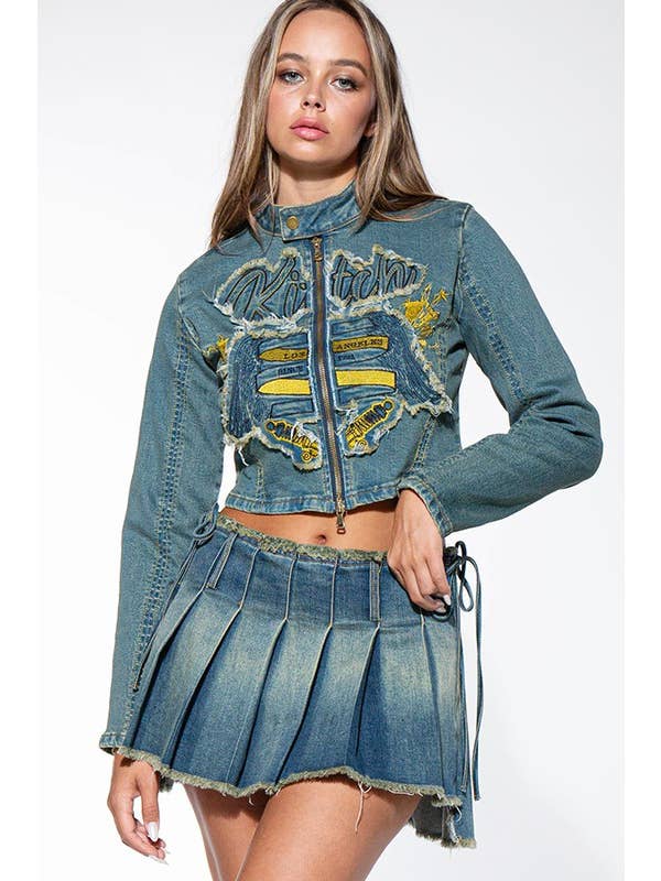 Medium tvätt Vintage jeansjacka med dragkedja med mockhals för wholesale på Faire