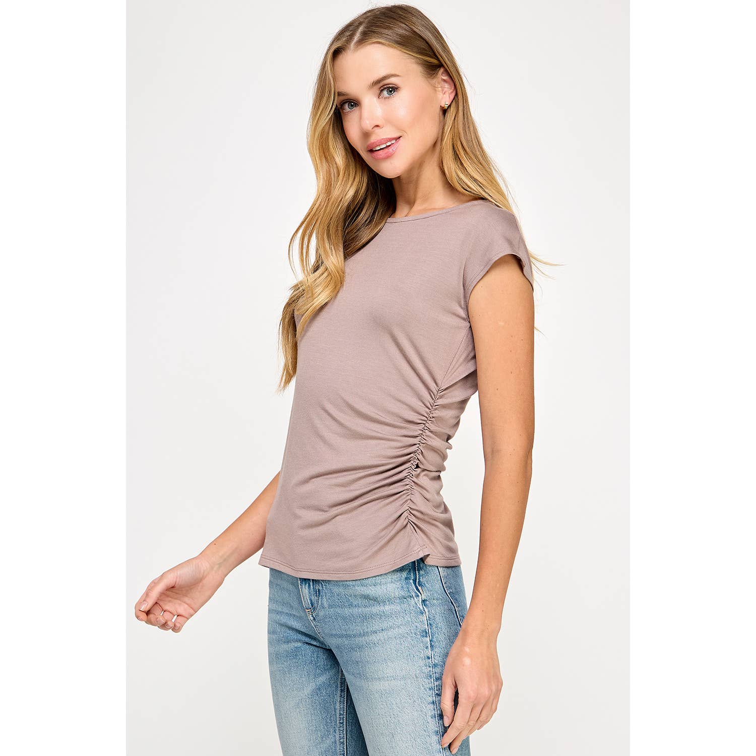 Heimious - Wholesale T-Shirt - Women's - One Side Ruched Cap Sleeve Top, T8435