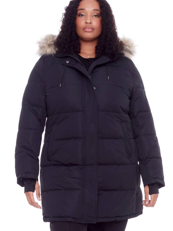 AULAVIK PLUS | WOMEN'S VEGAN DOWN (RECYCLED) MID-LENGTH HOODED PARKA COAT, BLACK (PLUS SIZE) for wholesale by Alpine North US