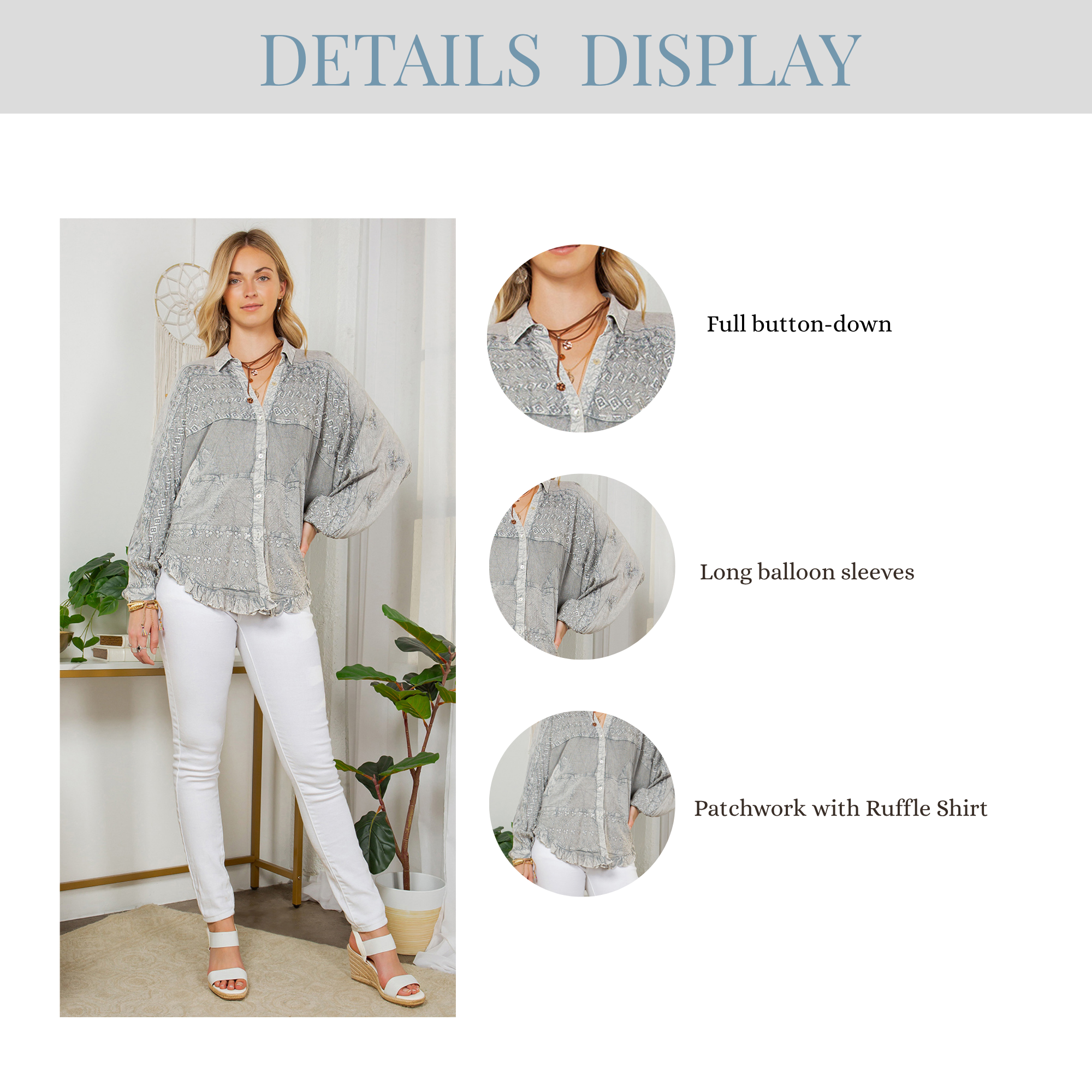 Grey Bohemian Stonewashed Rayon Bat Sleeves Top With Shirt Collar for wholesale on Faire6