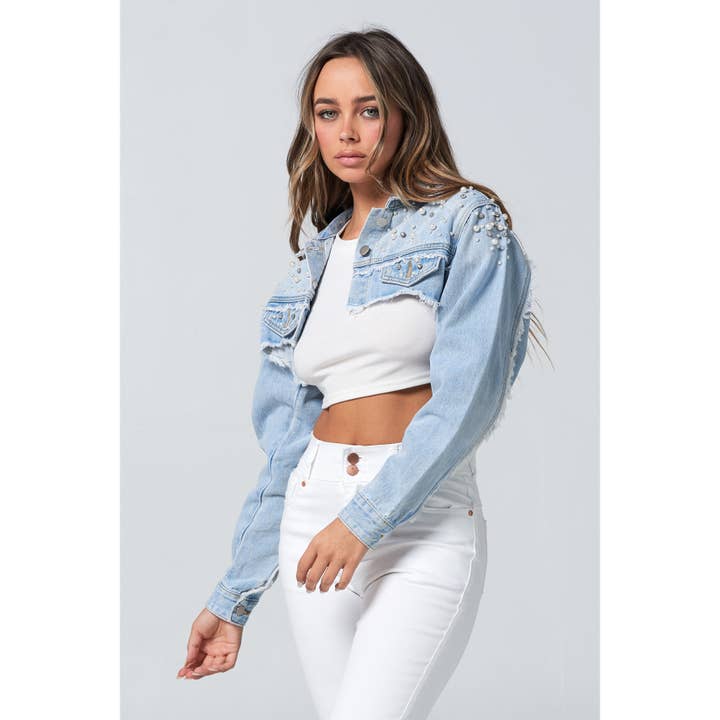 Blue Turtle - Wholesale Denim Jacket - Women's - Diamond Pearl and Rhinestone Super Crop Denim Jacket Light JK22072