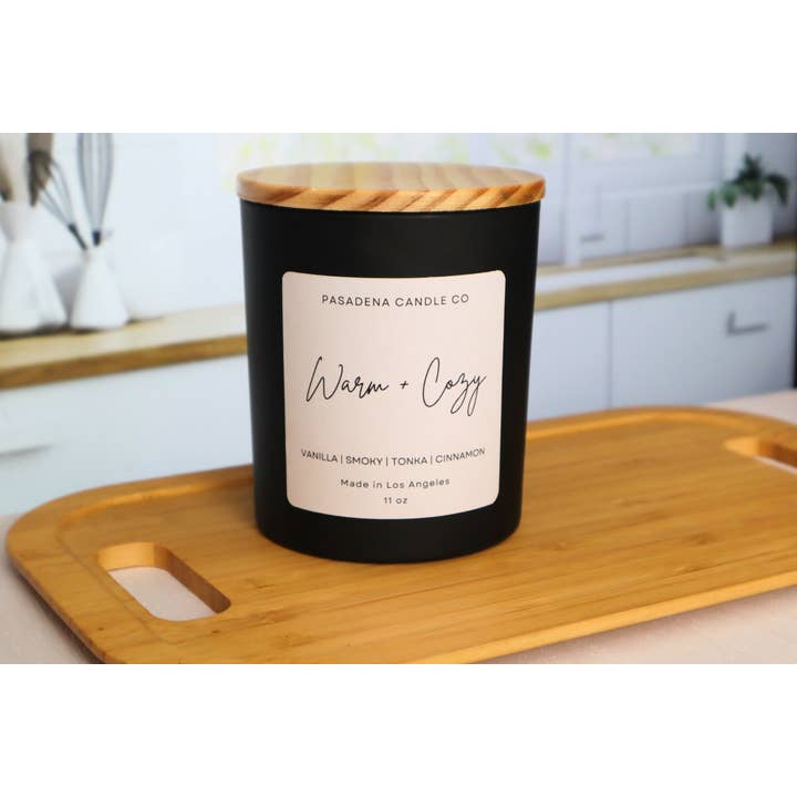 NEW! Warm and Cozy Candle - Black Matte Jar with Lid 11oz for wholesale by Pasadena Candle Co