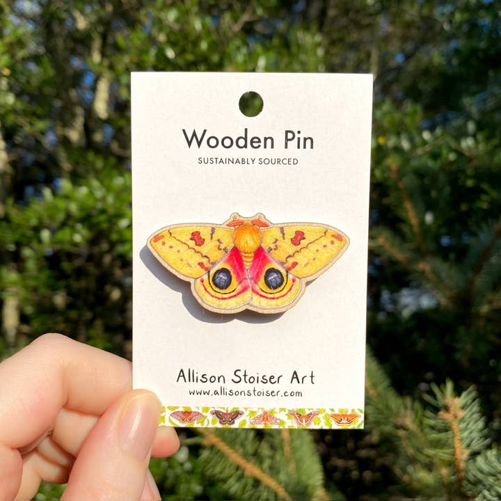 Male Io Moth Wooden Pin (Sustainably Sourced) for wholesale by Allison Stoiser Art