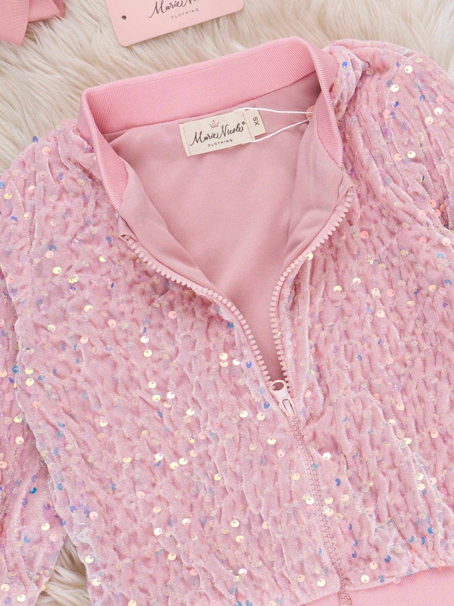 Marie Nicole Clothing - Wholesale Bomber Jacket - Kids - Rosy Glimmer Sequin Velvet Bomber Jacket1