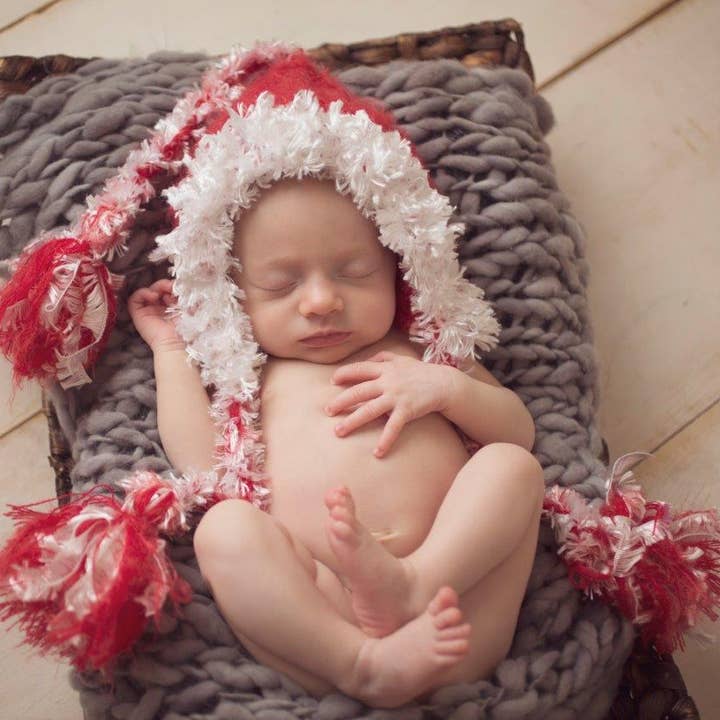 Red/White Crocheted Tassels Handmade Heirloom Gift Tail Hat for wholesale by The Daisy Baby LLC