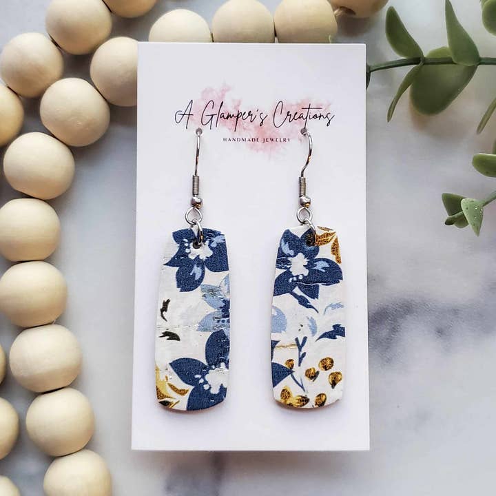 Navy & Mustard Floral Mini Bar Leather Earrings for wholesale by A Glamper's Creations LLC
