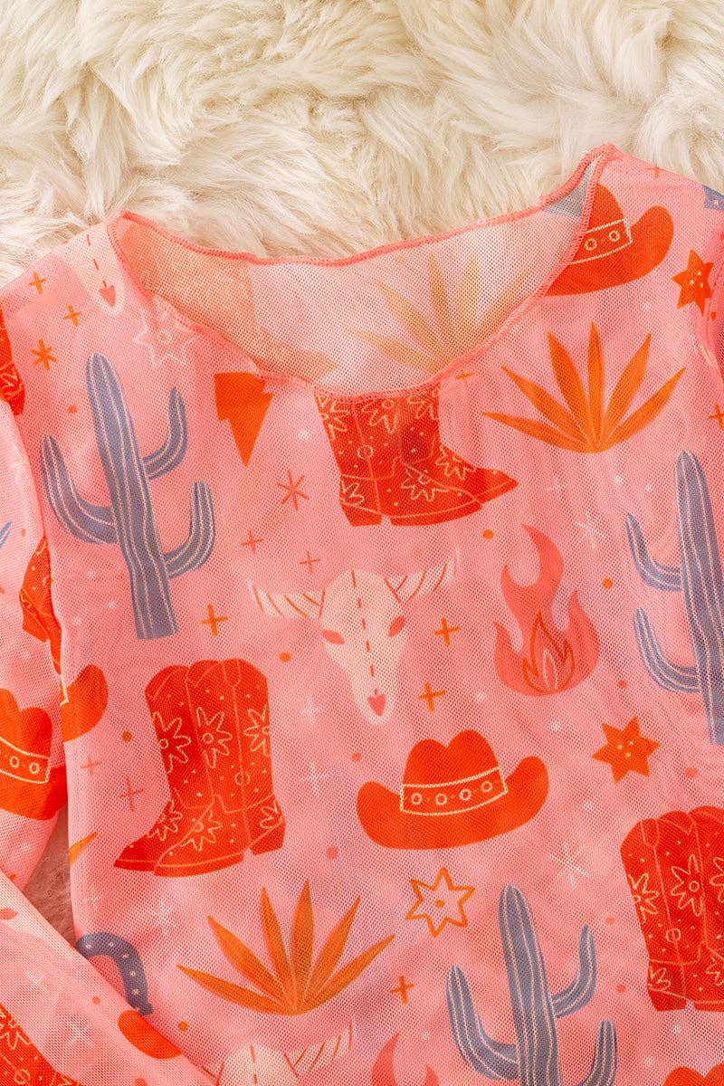 Kids Charm Online - Wholesale T-Shirt - Kids - cute orange western printed mesh long sleeve top. TPG50650 AMY1