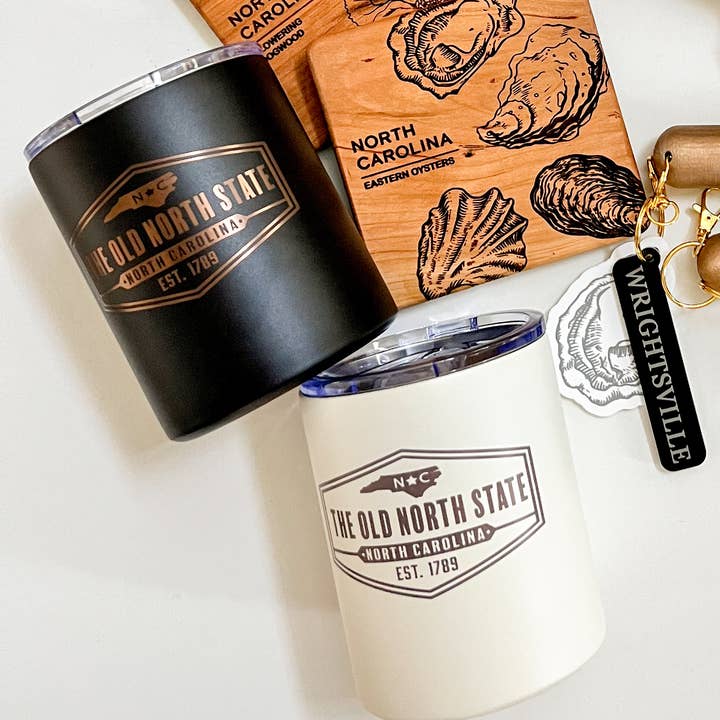 Mae Designs LLC - Wholesale Insulated Mug/Tumbler - The Old North State Badge Low Ball Tumbler Cream + Black2