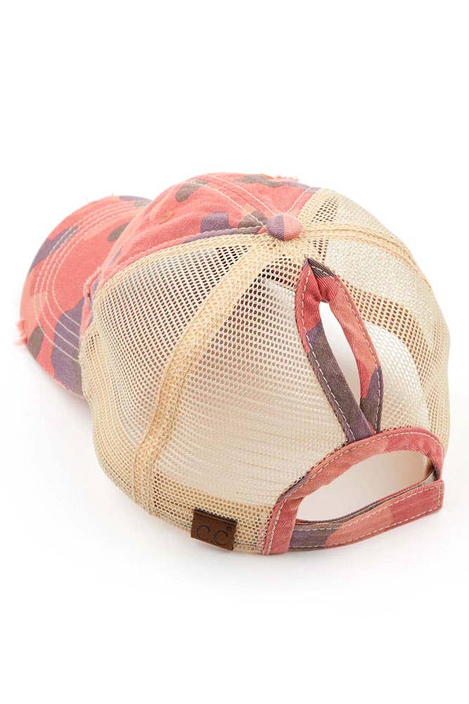 Hana – wholesale Hästsvanskeps - Dam – C.C kamouflage nödställda vintage stil hästsvans mössa6