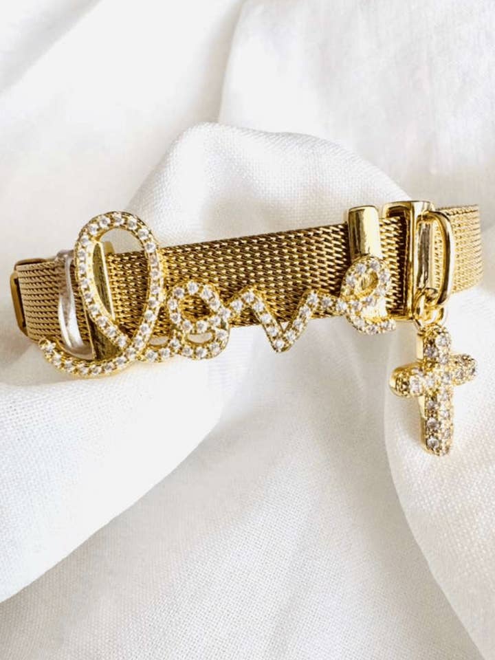 Faith Crystal Studded Love, Cross Drop Charm Gold Bracelet-W for wholesale by Swaary