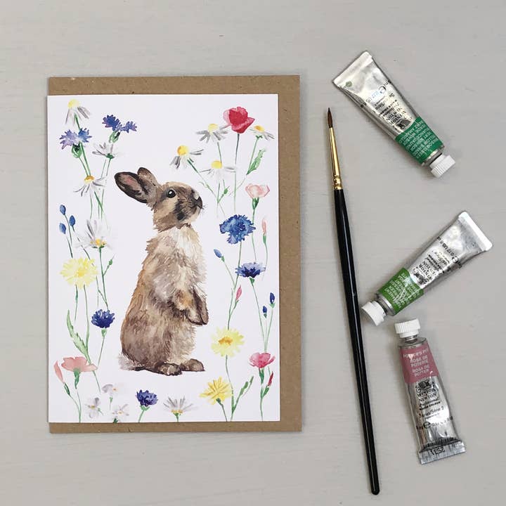 Spring Bunny Hand-Painted Watercolour Greetings Card for wholesale by Katie Hipwell Design