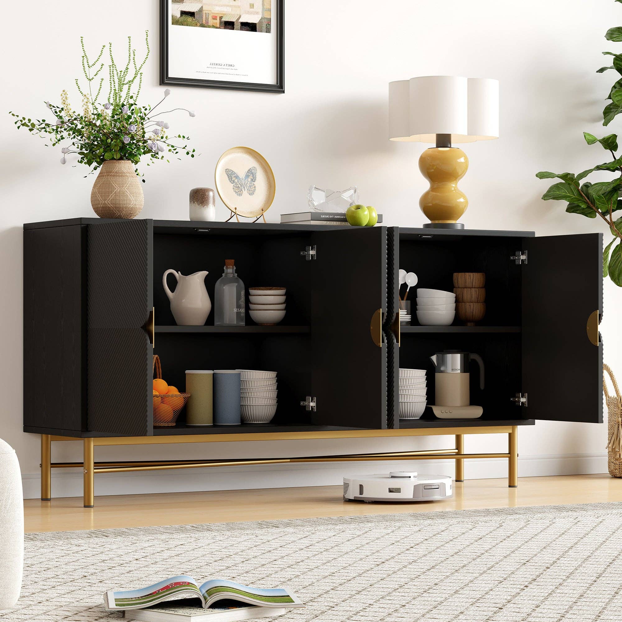 Urban Meuble - Wholesale Cabinet - Black sideboard with wood-effect embossed texture, 4 doors, luxury style with golden accent POLLENBASK4