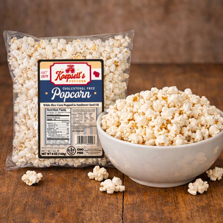 Koepsell’s Cholesterol Free Popped White Popcorn 6oz bag for wholesale by Koepsell's Products