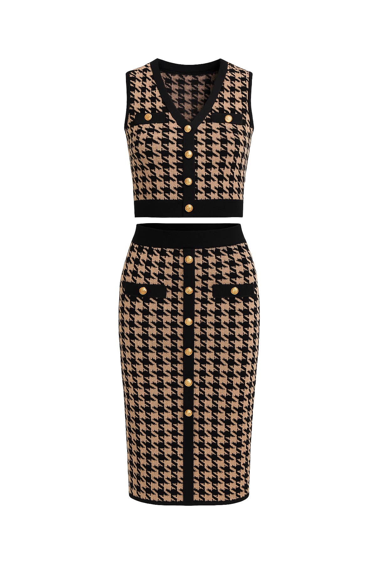 MOCHA BLACK Houndstooth knit top and midi skirt set for wholesale on Faire0