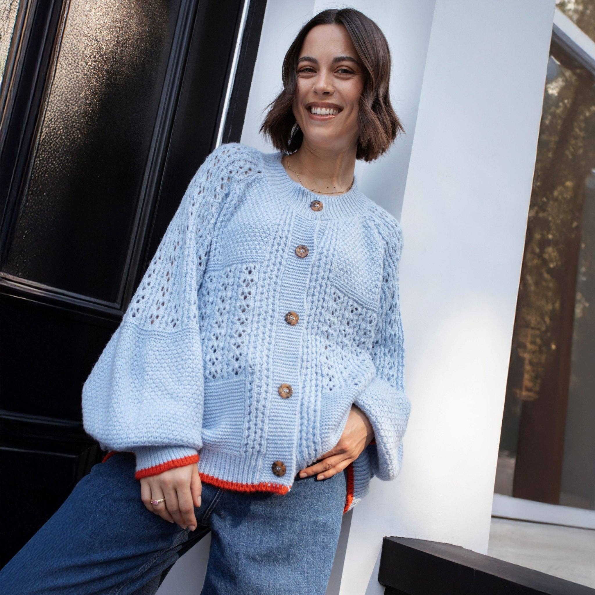 Cara & The Sky - Wholesale Cardigan - Women's - Brigit Pointelle Stitch Balloon Sleeve Cardigan - Blue15