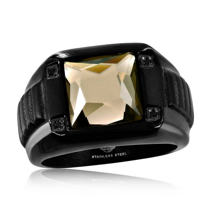 Stainless Steel Square Black CZ Ring - Gray Spinel for wholesale by Metallo