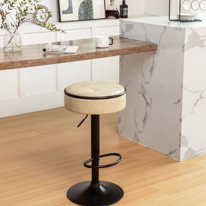 Orange County Decor - Wholesale Stool - Round Storage Bar Stool Set Of 2, Khaki Faux Leather Height Adjustable Barstool, 360 Counter Height Swivel Stool, Armless Bar Chair With Metal Frame For Kitchen Counter Dining Living Room Khaki Set23