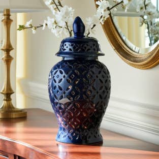 Ceramic Cut-out Daisies Decorative Temple Jar - Blue, 24 in. for wholesale by Sagebrook Home