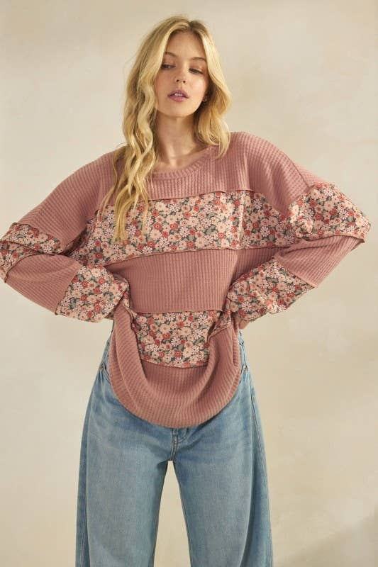 SENNEP T4479HE11-Solid og Blomstret Kontrast Langærmet Top for engroshandel på Faire5