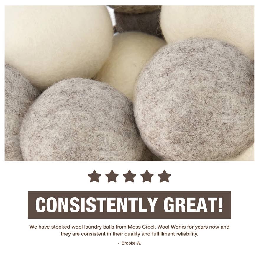 Moss Creek Wool Works | Wool Dryer Balls - Wholesale Dryer Balls - 100% Pure Wool Dryer Balls | 3-Pack Barn Box | White & gray9