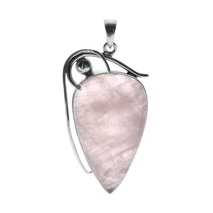 Grande ciondolo a goccia di quarzo rosa con dettaglio in filo per la vendita all'ingrosso da parte di Kali Ma Designs - Sterling Silver Jewellery