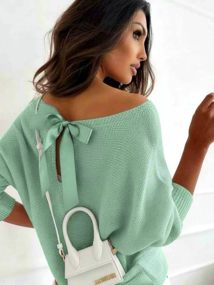 Pull léger en tricot à dos ouvert avec nœud Kori - Menthe pour la vente par Catwalk Wholesale