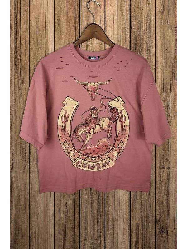 MINEB - Wholesale Screen Printed T-Shirt - Women's - Die Cut Cowboy Graphic Crop Tee