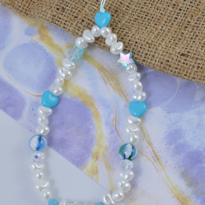 TheMellys – wholesale Phonecase strap – Freshwater Pearl Blue Heart Phone Strap, Y2K Phone Chain