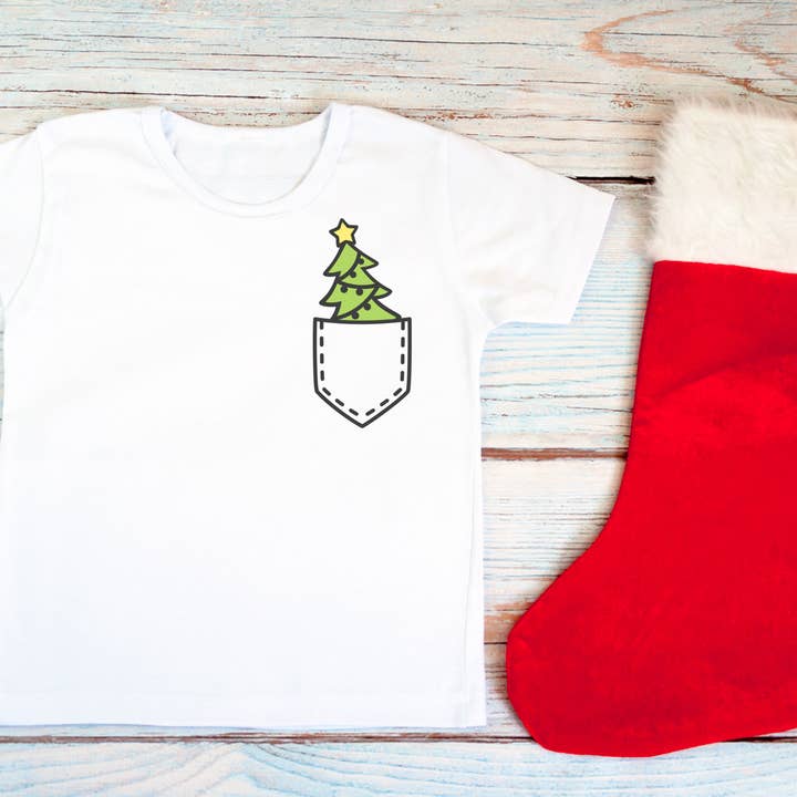 Pocket Christmas Tree Star Kids Christmas T-Shirt XS-XL for wholesale by Shine Thrive Grow