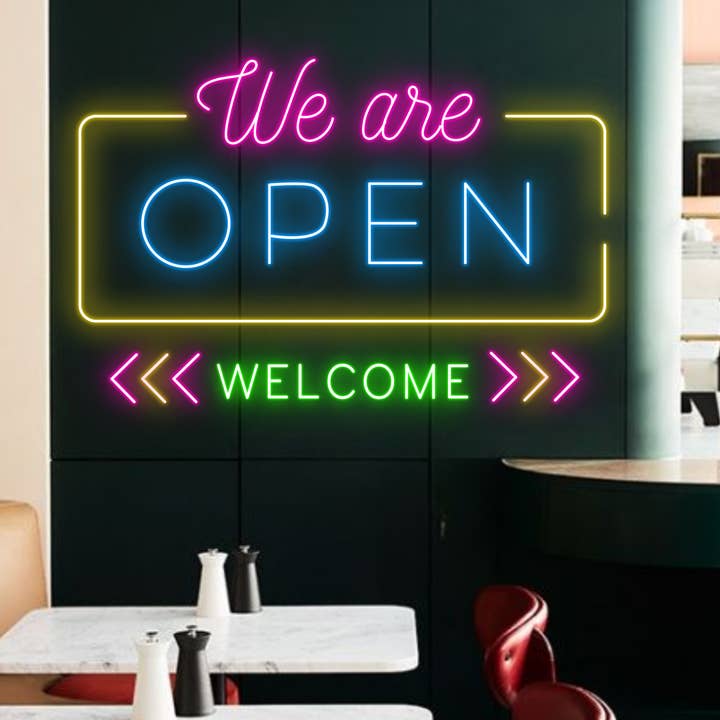 Panneau au néon We Are Open Welcome, panneau durable de bienvenue pour la vente par Glow Neon
