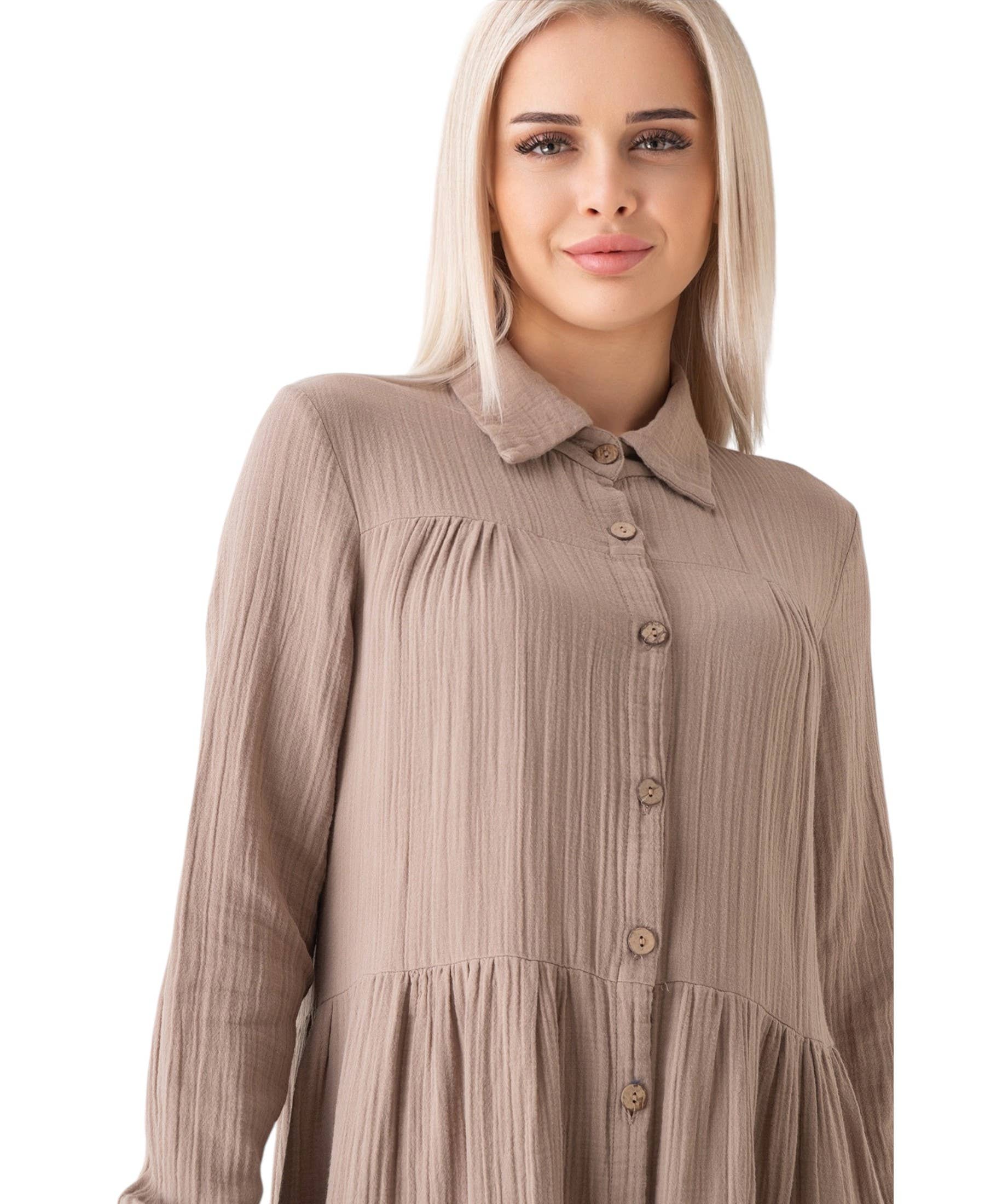 WENOR - Vente Robe – femme - Robe d'été longue en mousseline 100 % coton avec patte de boutonnage, 145 cm4