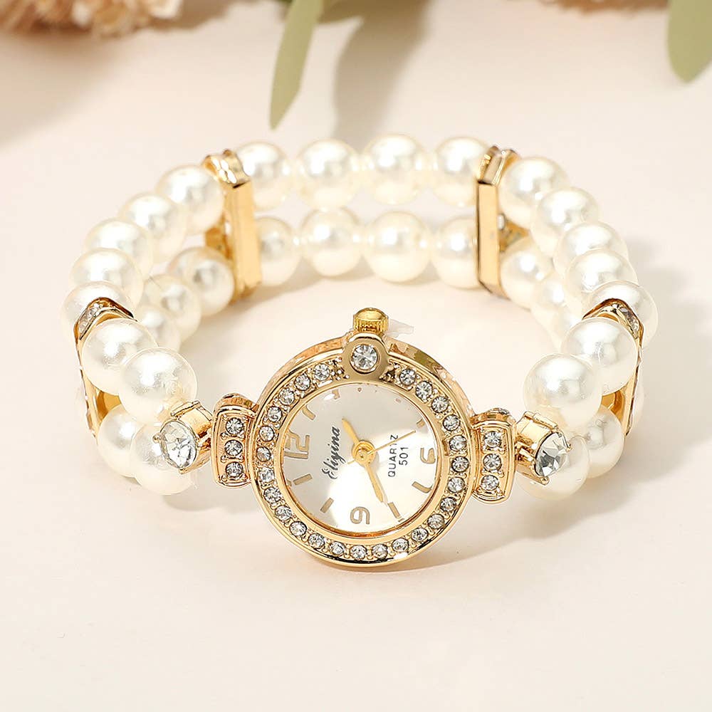 Sensibling Corp. - Wholesale Wrist Watch - Women's - SECRET BOX_Stainless Steel Stretchable Pearl Strap Rhinestone Paved Rim Quartz Watch1